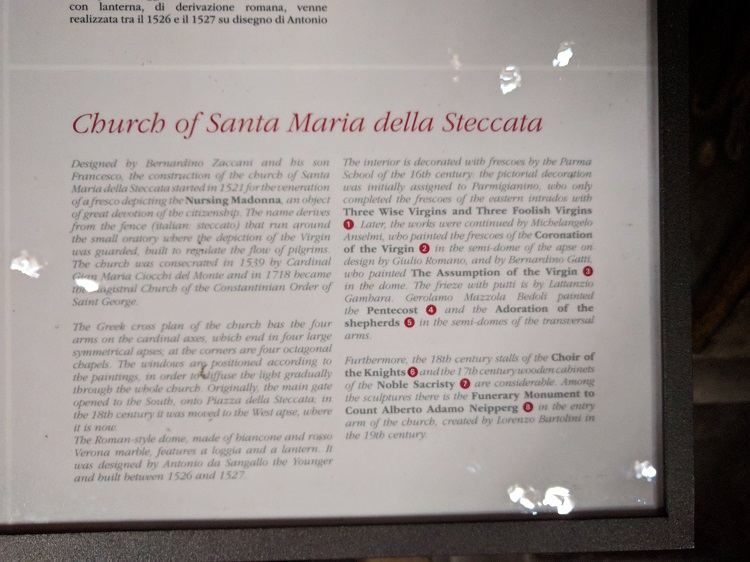 Parma - Santa Maria della Steccata - bord met uitleg